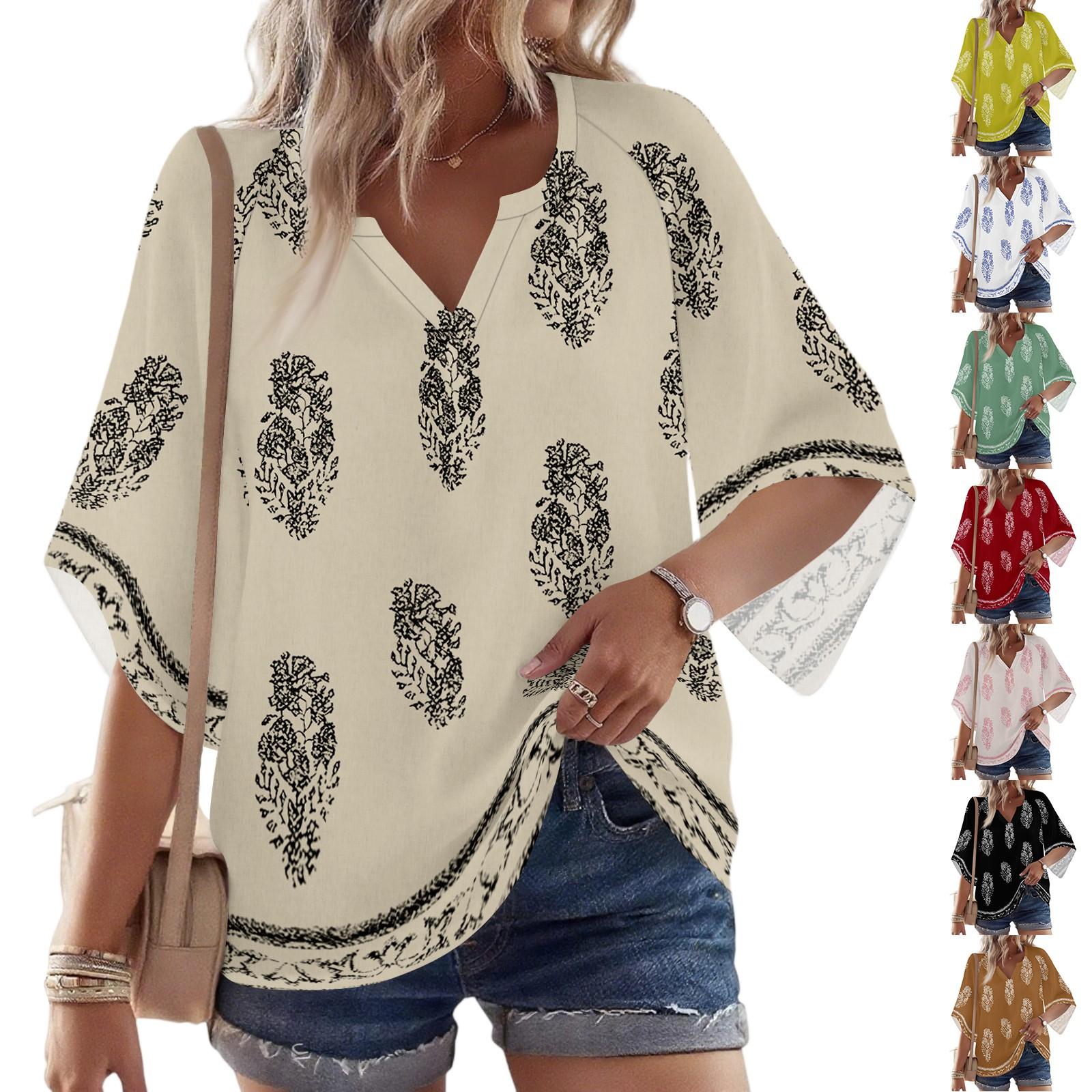 

Women s 3/4 Sleeve V Floral Shirt Casual Loose Tunic Top XXL червоний