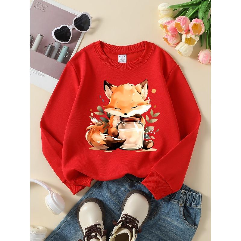 European Sizes Girls' Soft Crewneck Sweatshirt Cute Fox Holding Milk Jar Print, Casual All-Match, Ideal Holiday Present
