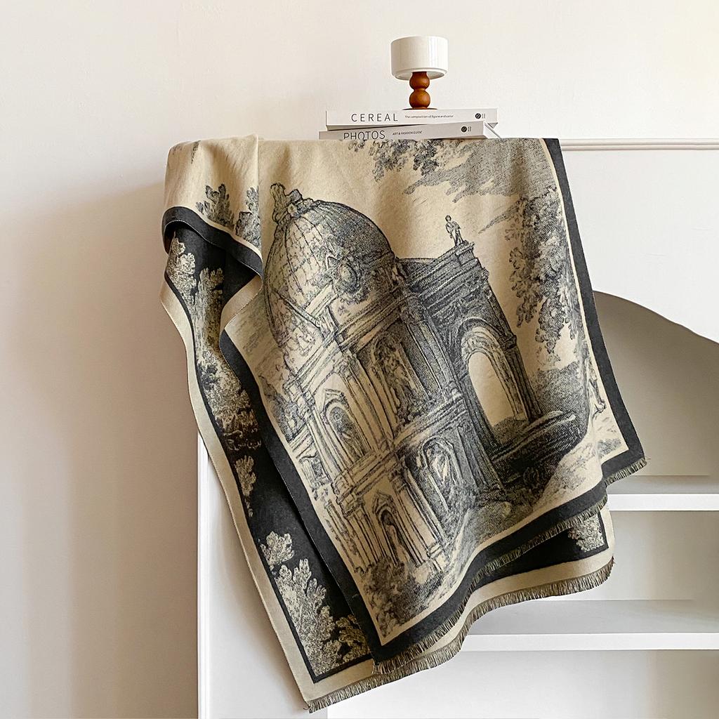 New Classical Architecture Style Cashmere Women Print Double-sided Scarf  Winter Warm Shawl Pashmina Female Outdoor Scarves