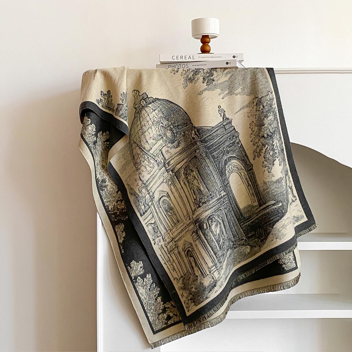 

Кашемировый женский двусторонний шарф в стиле новой классической архитектуры с принтом. Зимняя теплая шаль пашмина. Женские уличные шарфы.