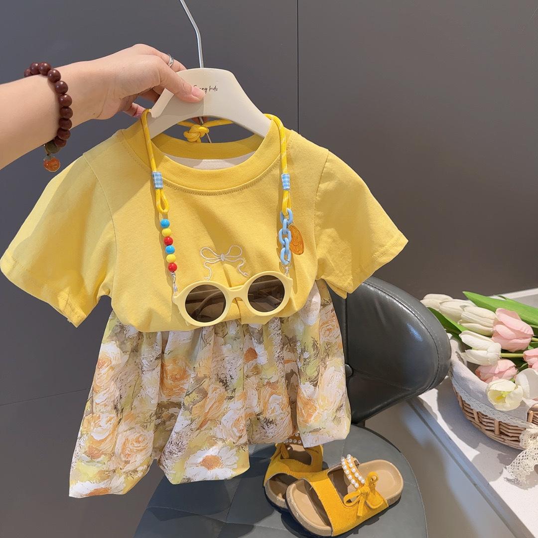 Summer Girls Cotton Embroidered Short Sleeve Top And Bloomer Pants Set Cute Bow Thin Comfortable Versatile Two Piece Outfit 110cm