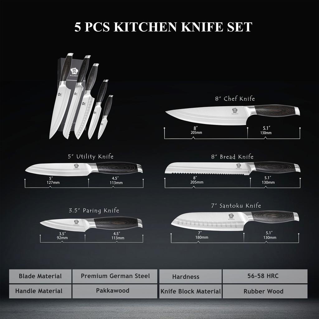 WILDMOK Professional 5 Piece Chef Knife Set with Wood Handle High Quality Stainless Steel Kitchen Knife Set Sharp Knife Set