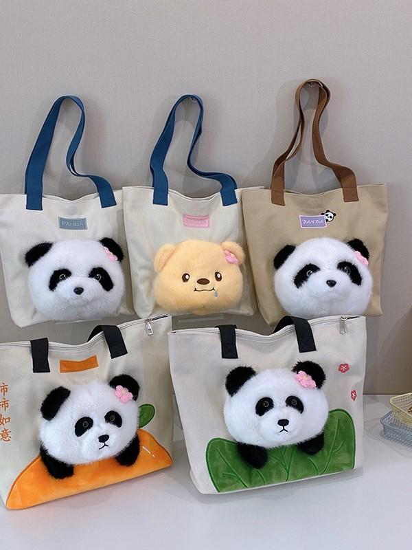 Panda Canvas Tote Bag Large Capacity Street Style For Daily Commute