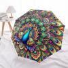 Colorful Peacock Feather Mandala Automatic Opening Folding Umbrella - Portable 3-Fold Design with Iron Frame, Perfect for Outdoor Use, Festi