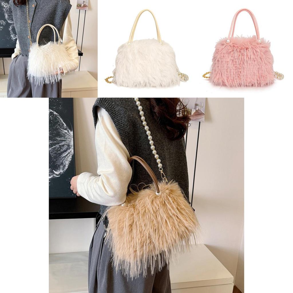 Solid Color Plush Handbag With Zipper And Chain For Casual Daily Use