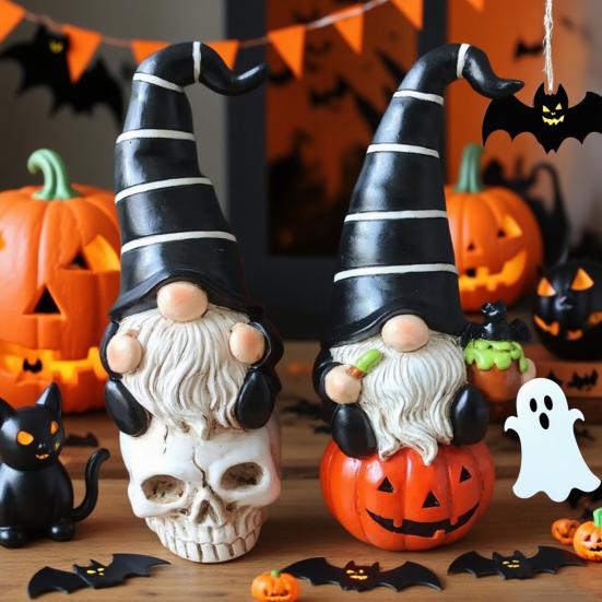 1 Paar Halloween Wichtel Statue Geist Schädel Kürbisform Harzfigur Festlich