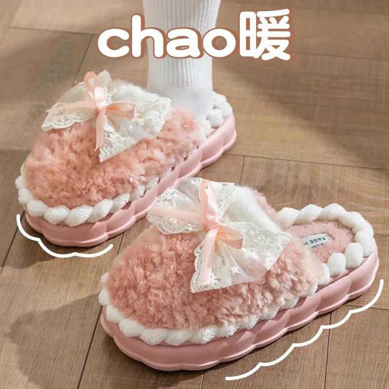 Women Fashion Winter Toe Wrap Warm Bows Cotton Slippers Thick Soft Sole Slides Female Indoor Thick Soles Non-slip Plush Shoes