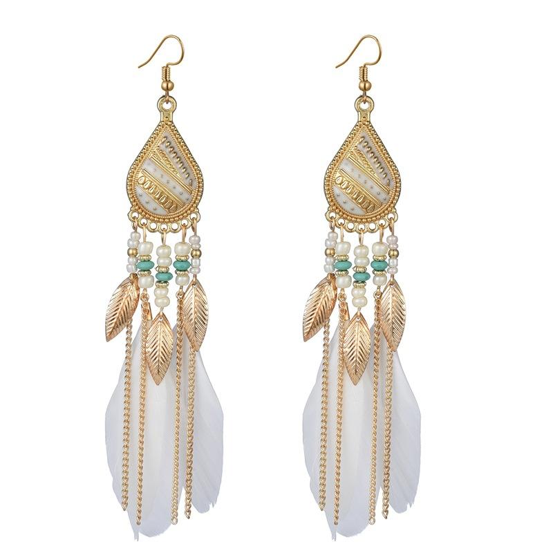 Feather Fringed Earrings Women's Water Drop Long Ethnic Style Retro Temperament Versatile Exaggerated Earrings