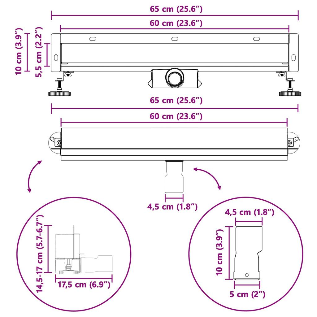 Desagüe de ducha de pared Plateado 60 cm Acero inoxidable 304