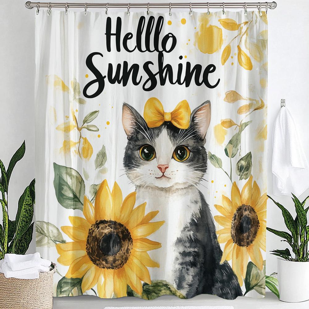 Cartoon Cat Shower Curtain, Plant leaves Bathroom Decorative Shower Curtain, Printed Fabric Home Curtain with Hooks