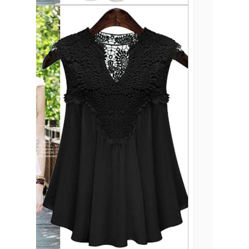 

Полненькая девушка мода больших размеров без рукавов кружевная плиссированная шифоновая блузка Black XL