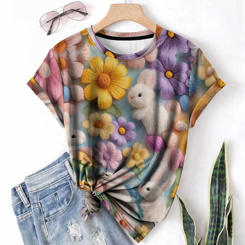 Damen Kaninchen T-Shirt Sommer Rundhals Kurzarm 3D Gedrucktes Elementmuster Lässiges Modehemd