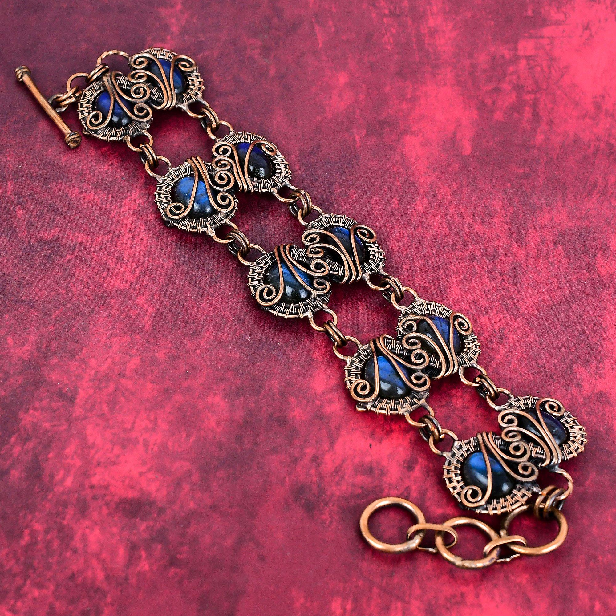 Labradorite gemstone bracelet copper wire wrapped bracelet adjustable chain bracelet handmade bracelet copper wire wrap jewelry gift for mom Adjustable