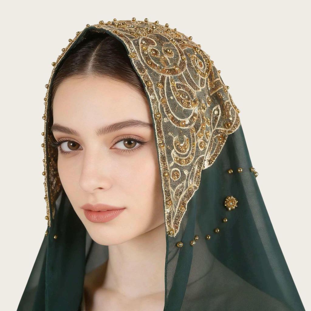 A092 Beaded Chiffon Ethnic Headscarf - Southeast Asia Fashion Scarf