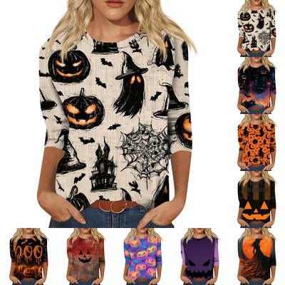 Women's Halloween Print Three-Quarter Sleeve Tunic Shirt - Round Neck Loose Fit Casual Blouse