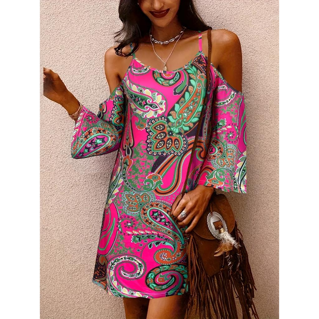 Paisley Print Cold Shoulder Loose Dress, Vintage Long Sleeve Dress For Spring & Fall