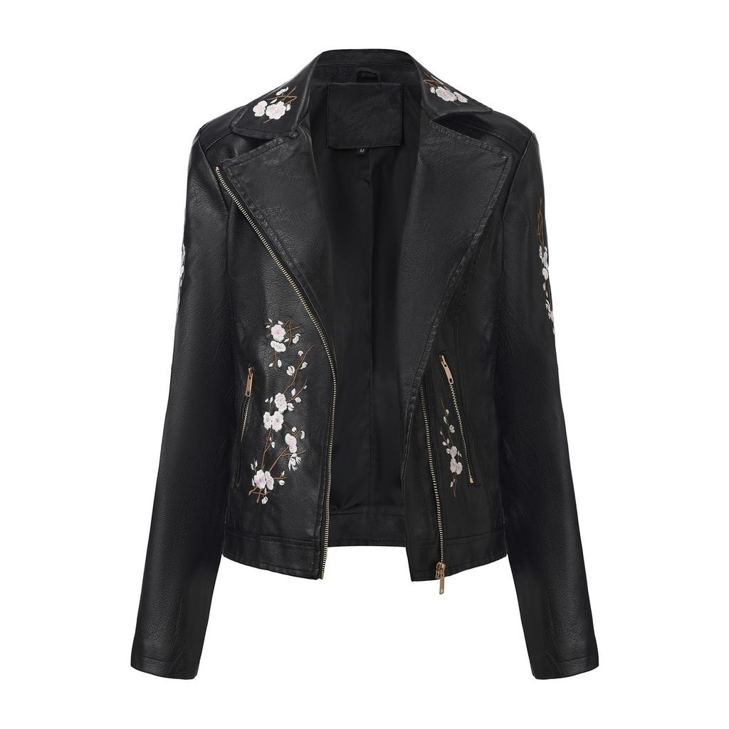 Women’s Faux Leather Jackets Embroidered Flower PU Bomber Coat Diagonal Zipper Outer Wear Autumn Winter Spring Motorcycle Biker Jacket