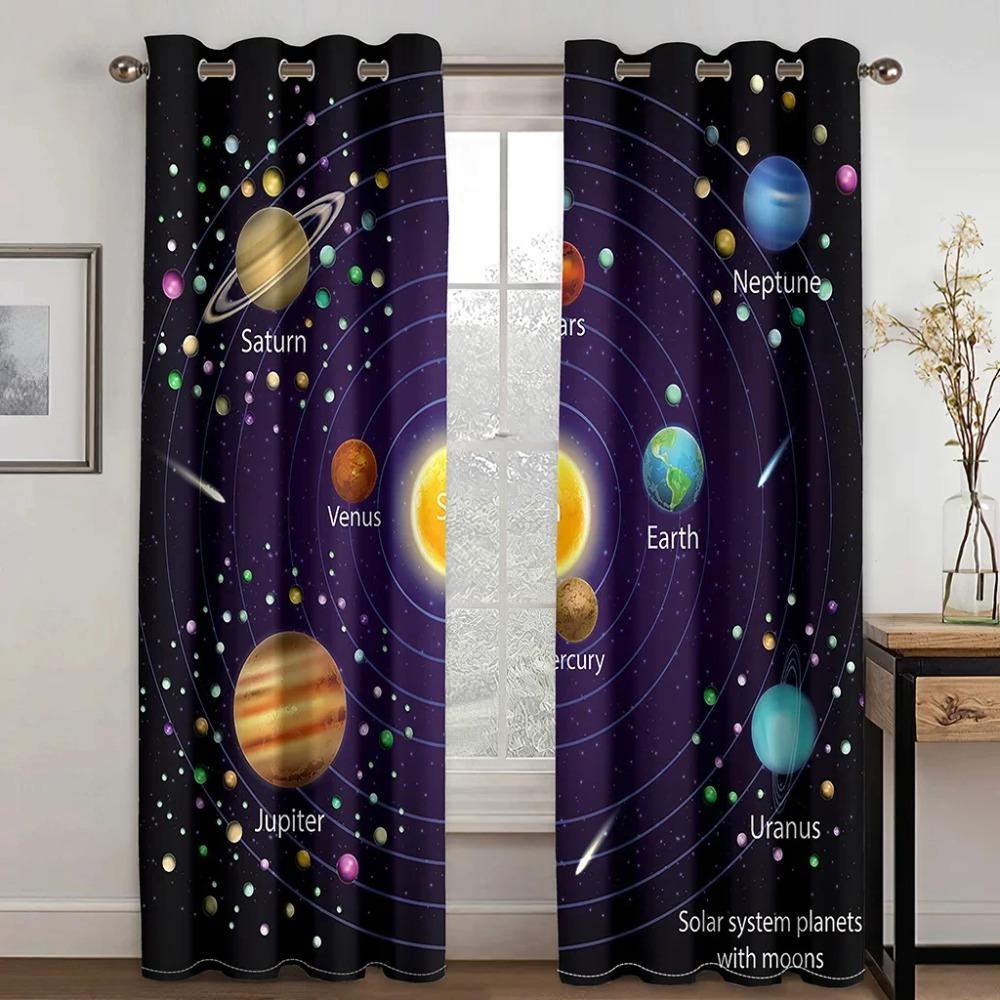 Three D Printed Cartoon Space Galaxy Star Design Pattern Thin Semi Light shading Window Curtain for Kid Childern Boy Bed Room Living Room Home Hook