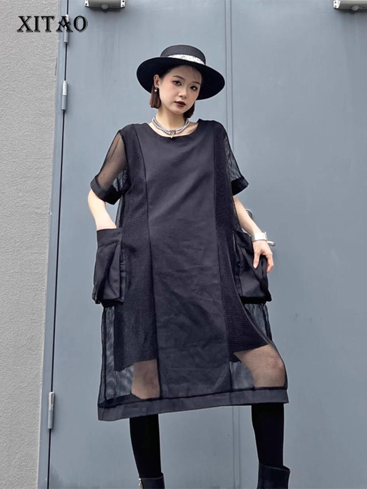 

XITAO Black Gauze Patchwork Dress Solid Color Loose Fashion Pocket Decoration ZY8811