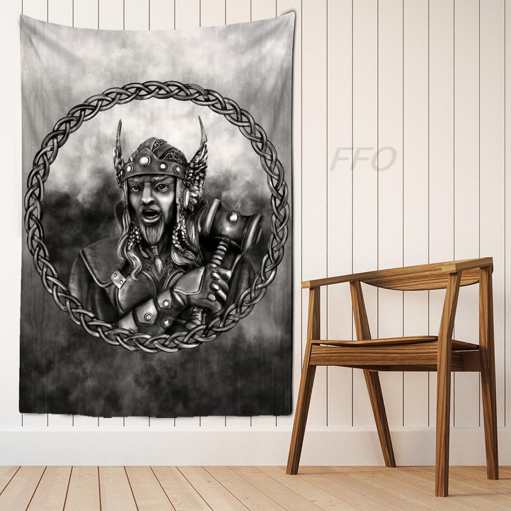 Viking Helmet Skull Tapestry Hammer Odin Mythology Print Wall Hanging Nordic Home Bedroom Living Room Decor