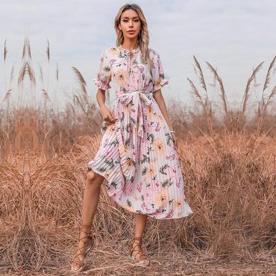 Sommer bedrucktes Rüschen-Kurzarm-Doppel-Kordelzug-Plissee-A-Linien-All-Match-Kleid für lange Damen