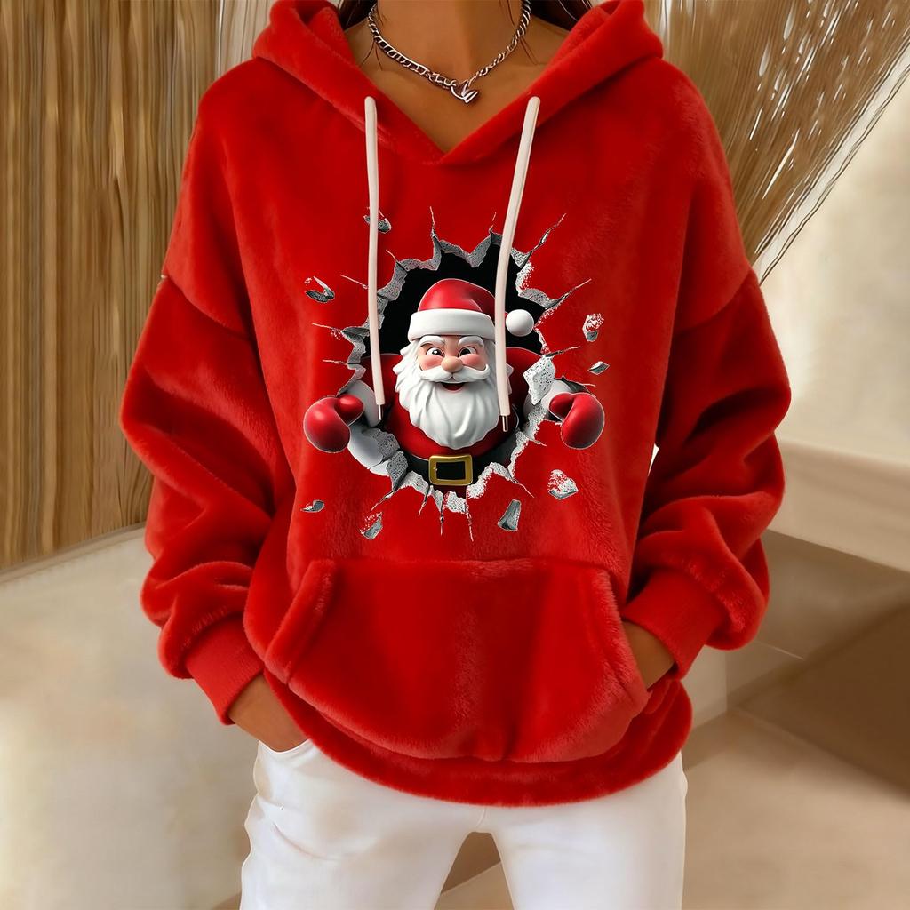 Women's Loose And Comfortable Drawstring V-neck Long Sleeved Christmas Print Hoodie