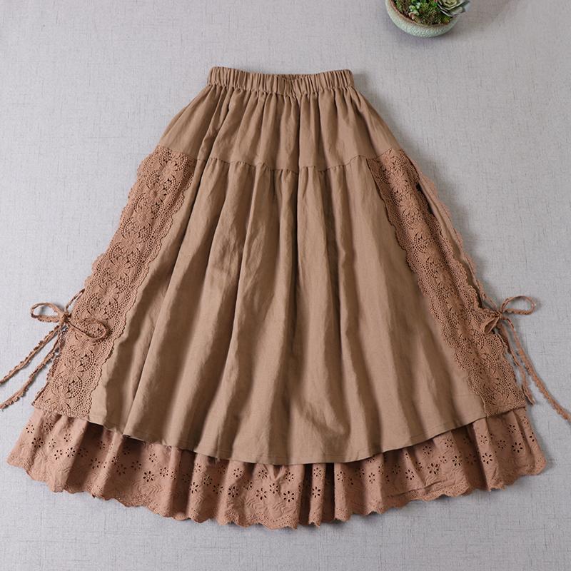 Japan Style Mori Girl Lace Patchwork Linen Skirt Literature Embroidery Double Inner Lining A-line Skirt Spring