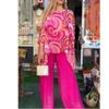 Women Summer   Colorful Chiffon Casual Round Neck Printed  Top Blouse & High Waist Pants Two-Piece Clothing Set