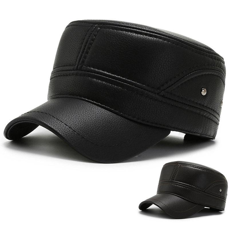 New flat top hat men's casual leather hat winter cotton warm and cold military hat men's ear protection hat