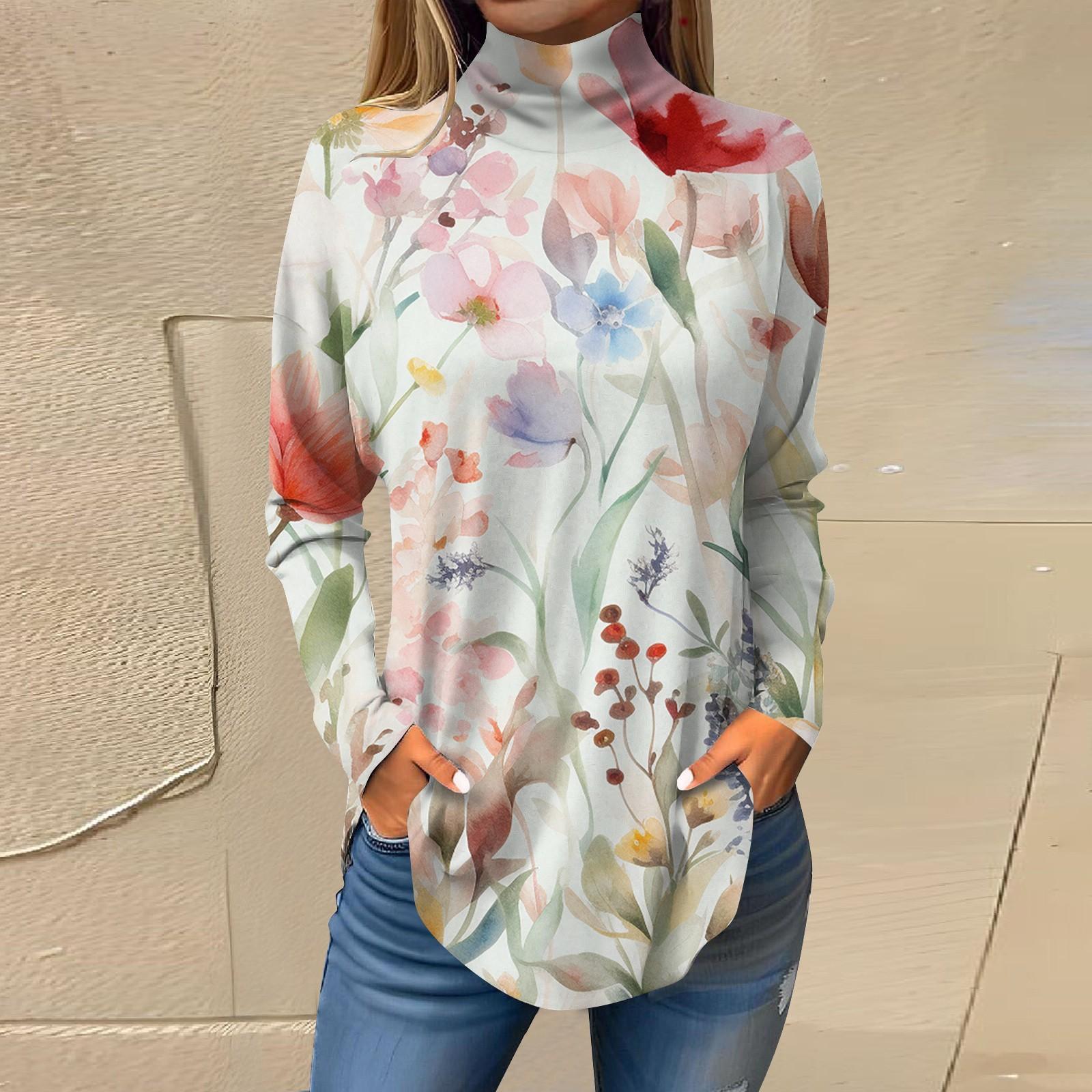 

Жіноча модна повсякденна футболка з високим вирізом і принтом, пуловер з довгими рукавами L