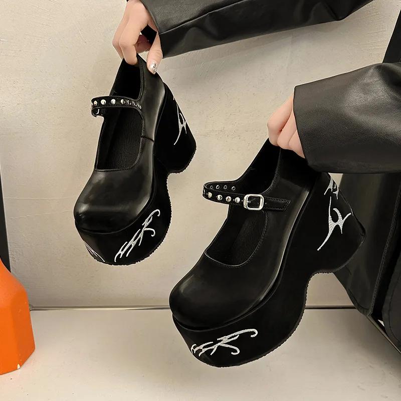 

Женские туфли на платформе с высоким каблуком в стиле готической Лолиты Новые туфли Мэри Джейн Повседневные женские туфли на каблуке для вечеринок на танкетке с толстой подошвой Черные мокасины 35