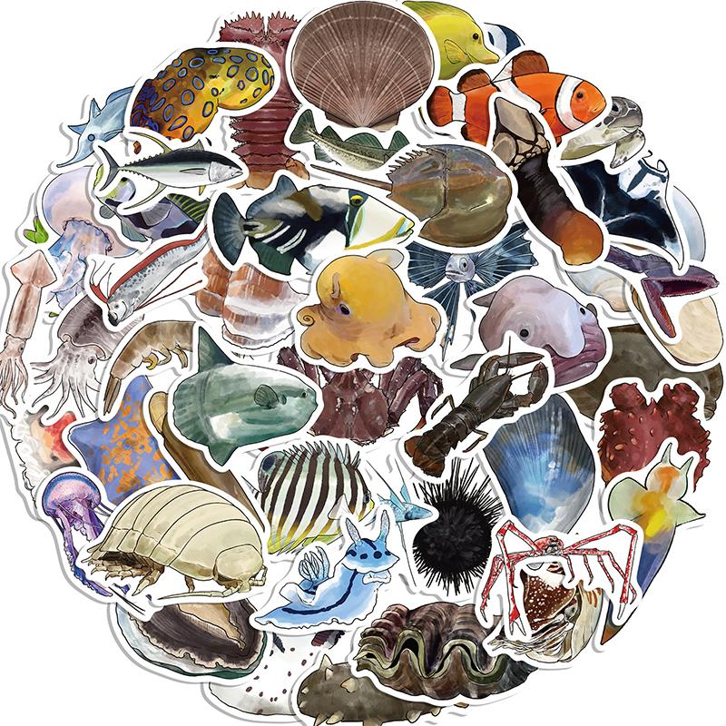50PCS Deep Sea Fish Stickers Pack Ocean Animal Sticker Under The Sea Animal Fish Turtle Stickers Waterproof Vinyl Decals