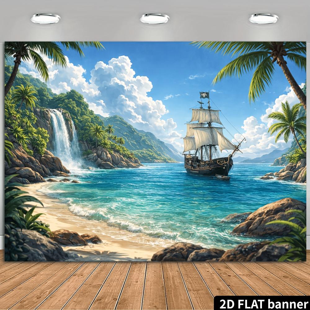 2D Plane Tropical Beach Pirate Ship Waterfall Background Fabric  Indoor and Outdoor Home Decoration Party Use