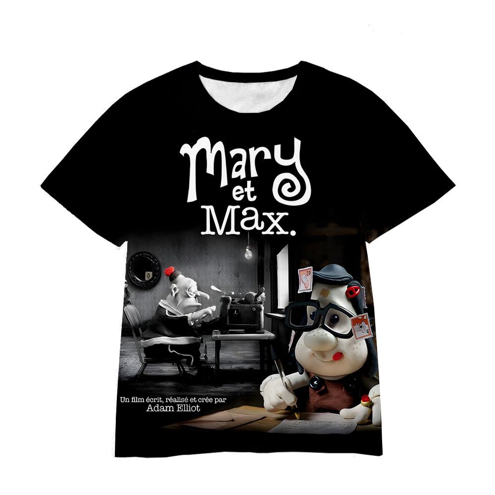 Top s 3D potiskem Mary a Maxe s kulatým výstřihem, ležérní chlapecké tričko s krátkým rukávem - Měkká středně pružná polyesterová tkanina, letní oblečení s volným střihem