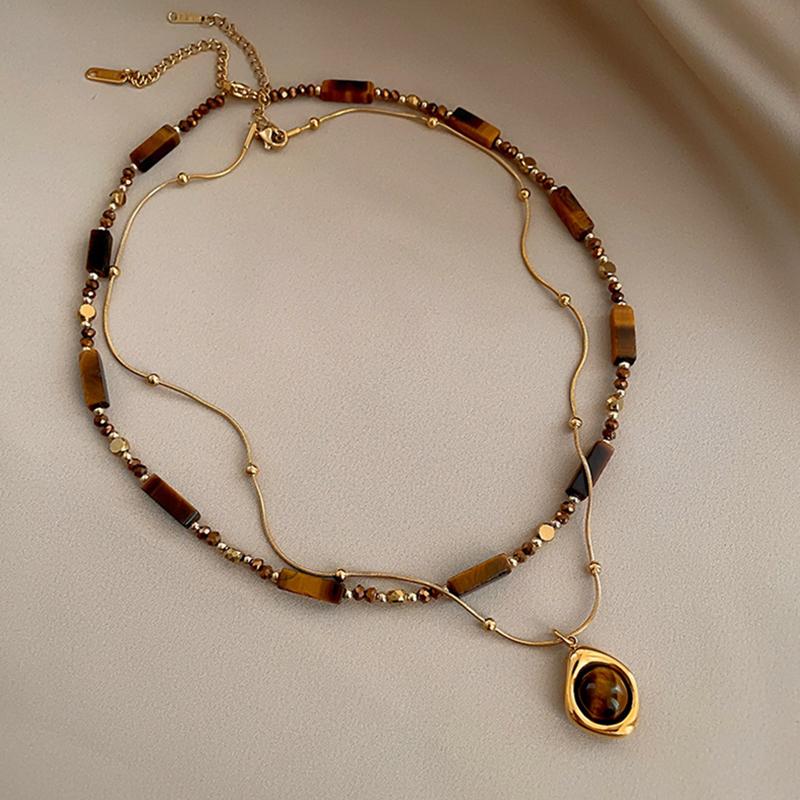 1/2Pcs Retro Temperament Layered Tiger Eye Stone Pendant Necklace For Women Girls Light Luxury Sweater Chain Jewelry Gifts