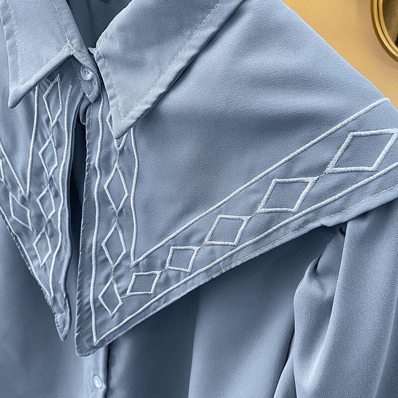 Vintage Blau Peter Pan Kragen Damen Shirts Mode Französisch Kurzarm Sommer Bluse Frauen Button Up Kleidung Tops 27081