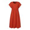 Summer Cotton Linen Dress Plus Size Women Short Sleeve Round Neck Solid Color Pleated Pocket S-5XL