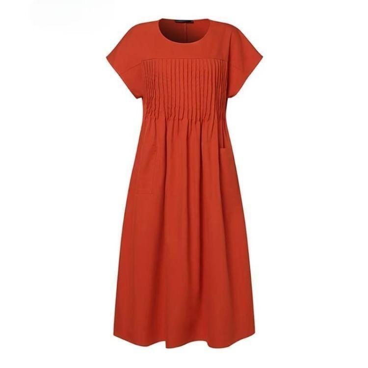 Summer Cotton Linen Dress Plus Size Women Short Sleeve Round Neck Solid Color Pleated Pocket S-5XL
