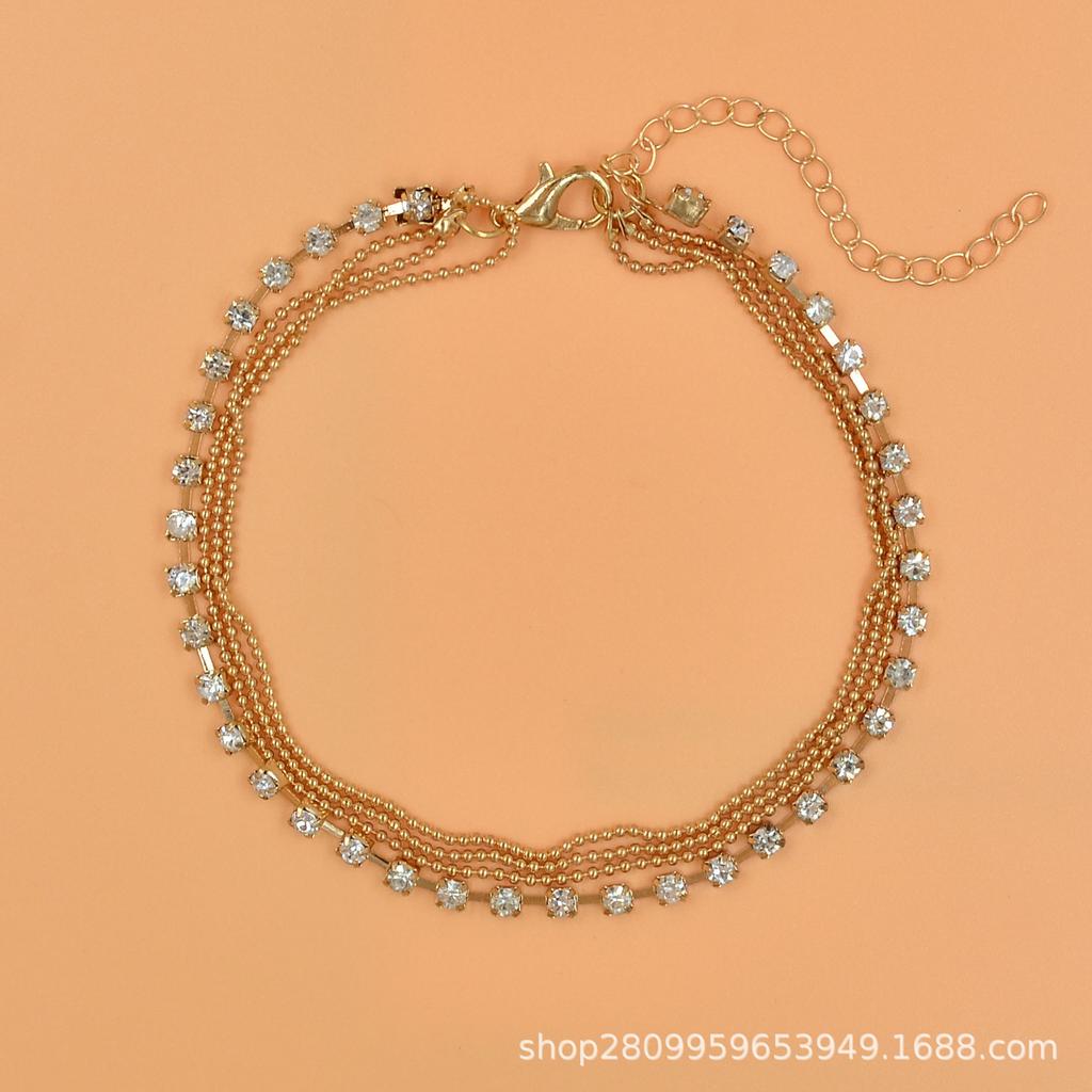 Women's simple claw diamond anklet, summer beach anklet, personalized multi-layer bead chain jewelry