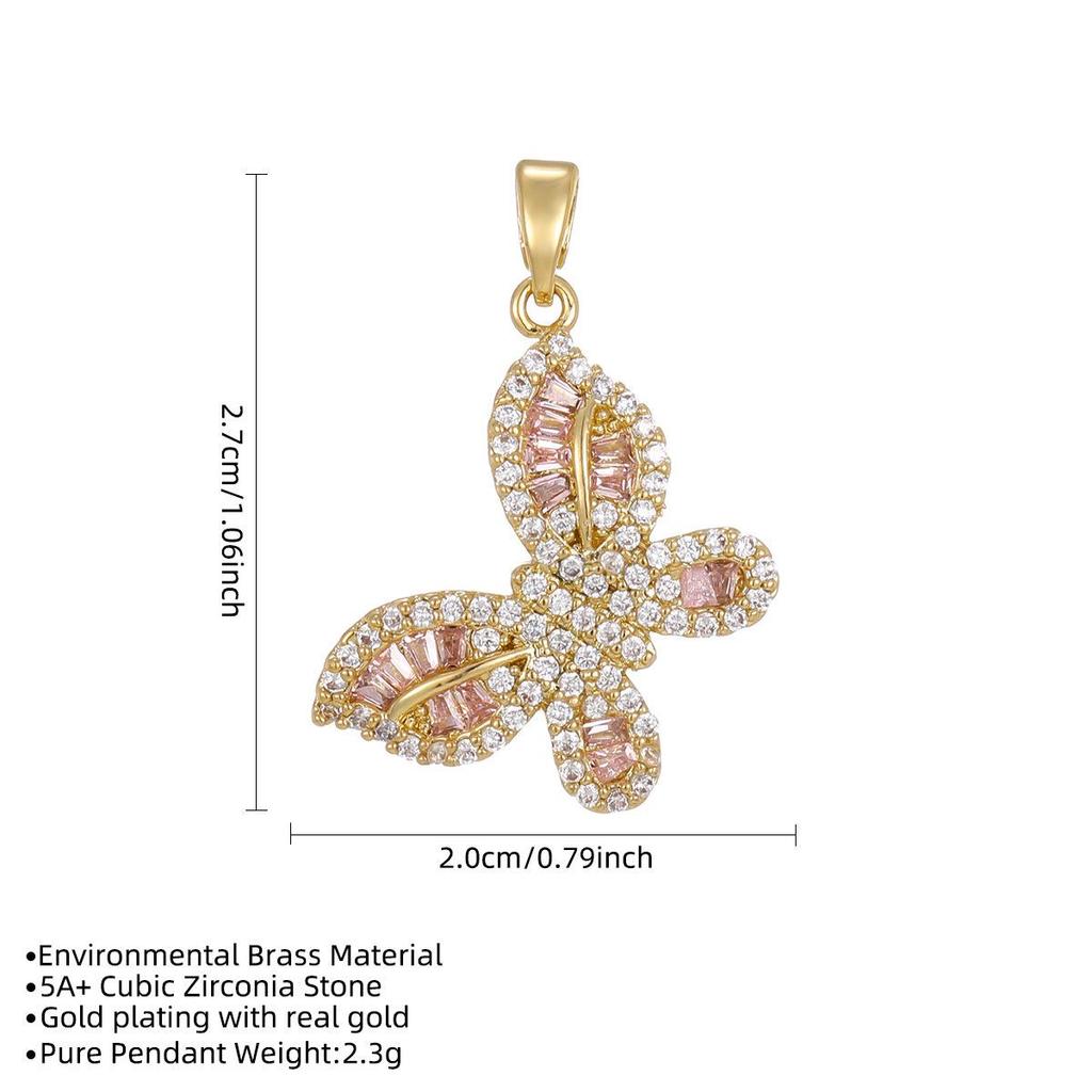 Colorful Zircon Butterfly Pendant - Gold-Plated Copper Charm with Diamond Detailing