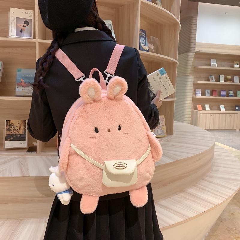 Schoolbag Cute Plush Rabbit Backpack Japanese Ins Large Capacity Cartoon Funny Oblique Span Bag Soft Girl Student Bag Wholesale