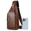 Business Casual Men Chest Bag USB Port Multi-Pocket PU Stitched Luster Zipper Shoulder Bag for Commute Shopping Storage Bag
