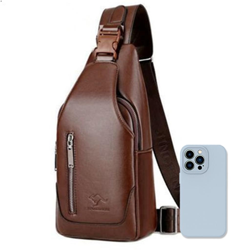 Business Casual Men Chest Bag USB Port Multi-Pocket PU Stitched Luster Zipper Shoulder Bag for Commute Shopping Storage Bag
