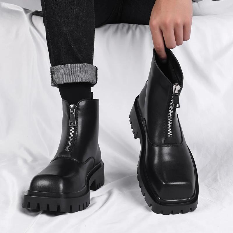 High Quality Casual Leather Men Thick Bottom Designer Shoes British Style High Top Dress Shoes New Fashion Round Toe Ankle Boots