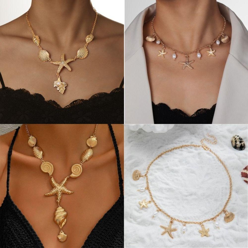 Imitation Pearl Vacation Style Neckchain Handmade Beach Shell Necklace Summer