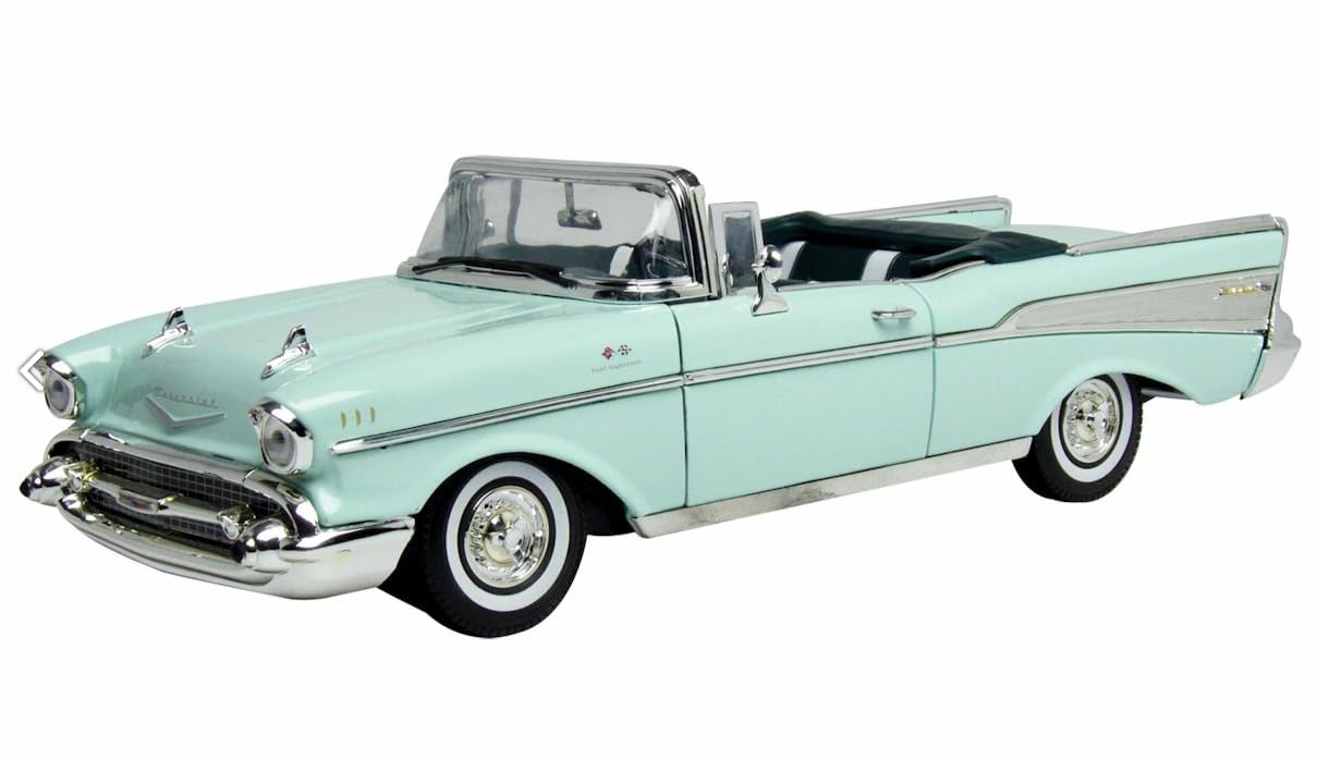 

MotorMax Scale American Chevrolet Bel Air Diecast Model 1957 Bel Air Convertible 1/18 Car, (Light Blue) [Used]