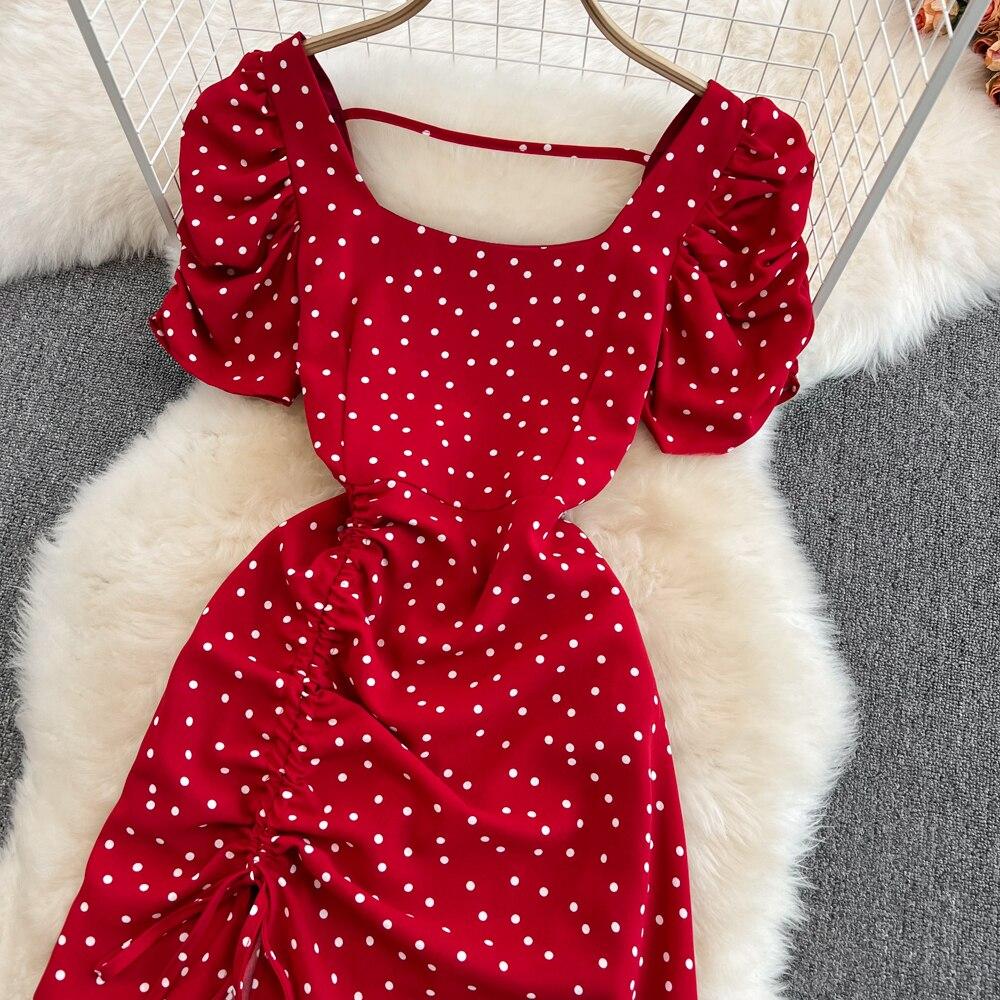 Seaside Holiday Backless Super Sexy Square Collar Slim-fitting Sleeved Mid-length Split Dot Dress