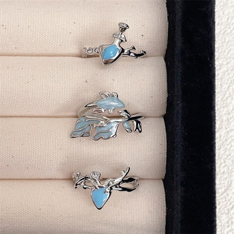 Sea Blue Enamel Fish-Shaped Open Ring Love Fashion High Personality Exquisite Mori Elegant Ring Woman
