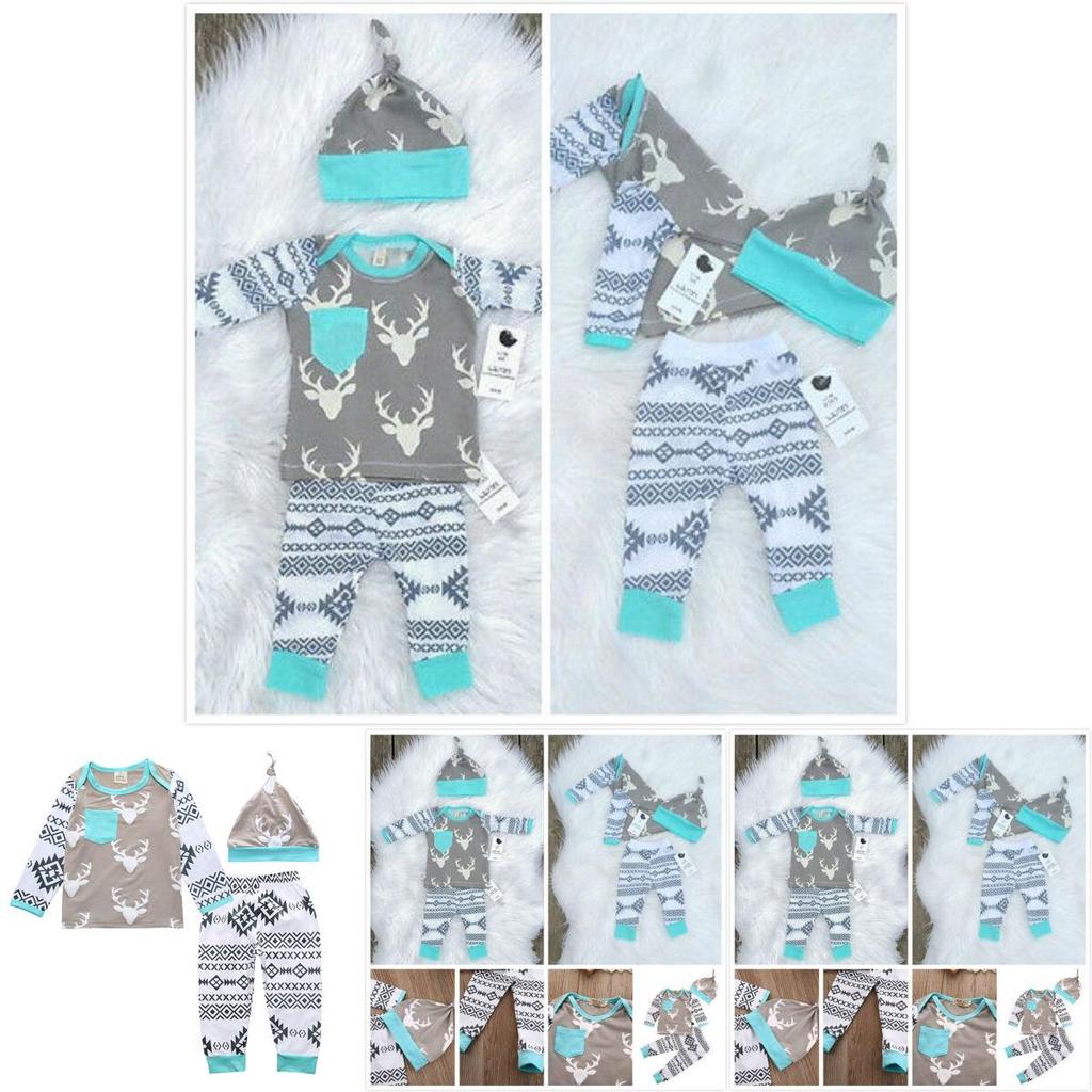 Adorabile Set di 3 Pezzi per Neonato e Bambino Maschio Cervo T-shirt Pantaloni Cappello