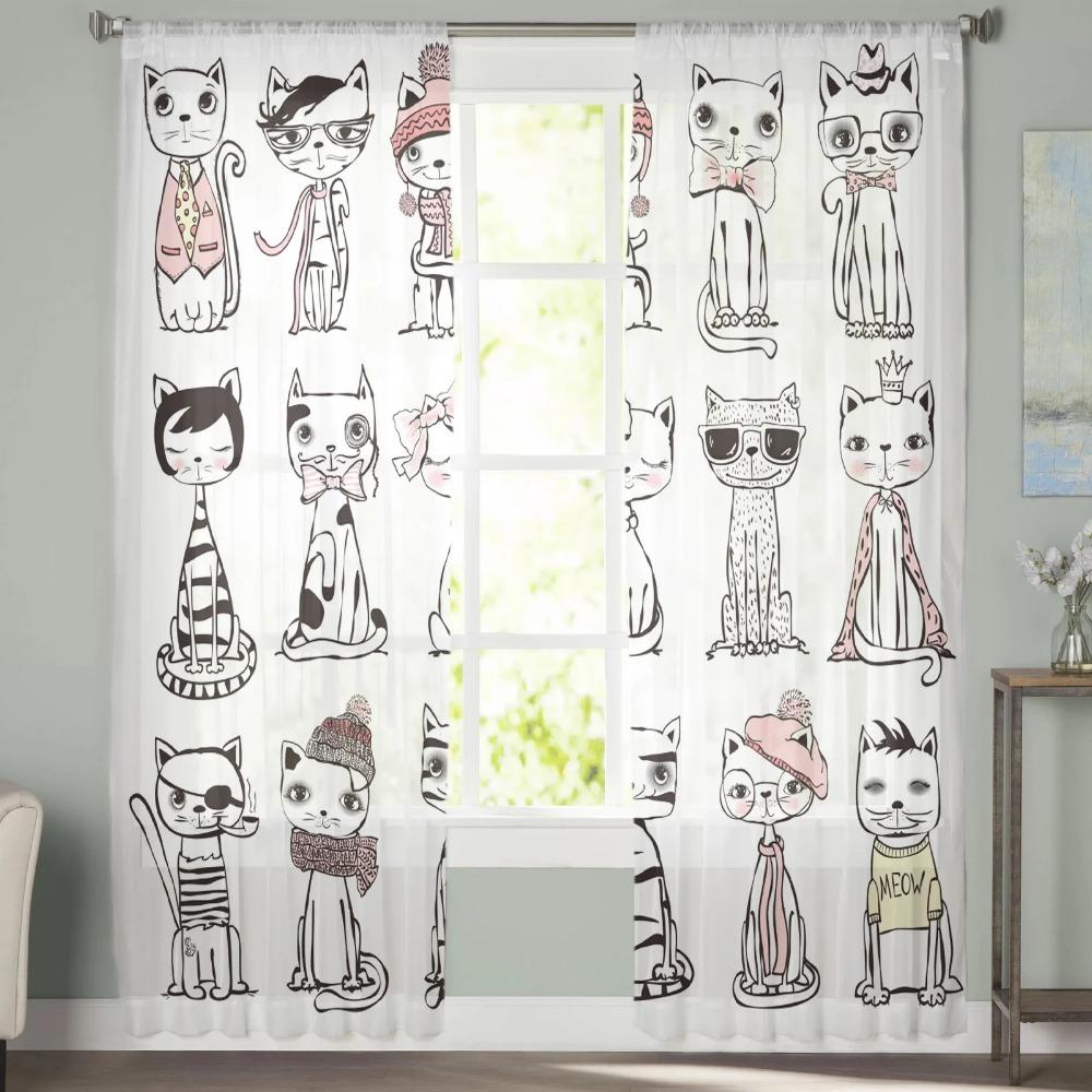 Cartoon Cat Kitty Drapes for Living Room Bedroom Kitchen Decoration Contemporary Kawaii Animal Pet Chiffon Sheer Curtain